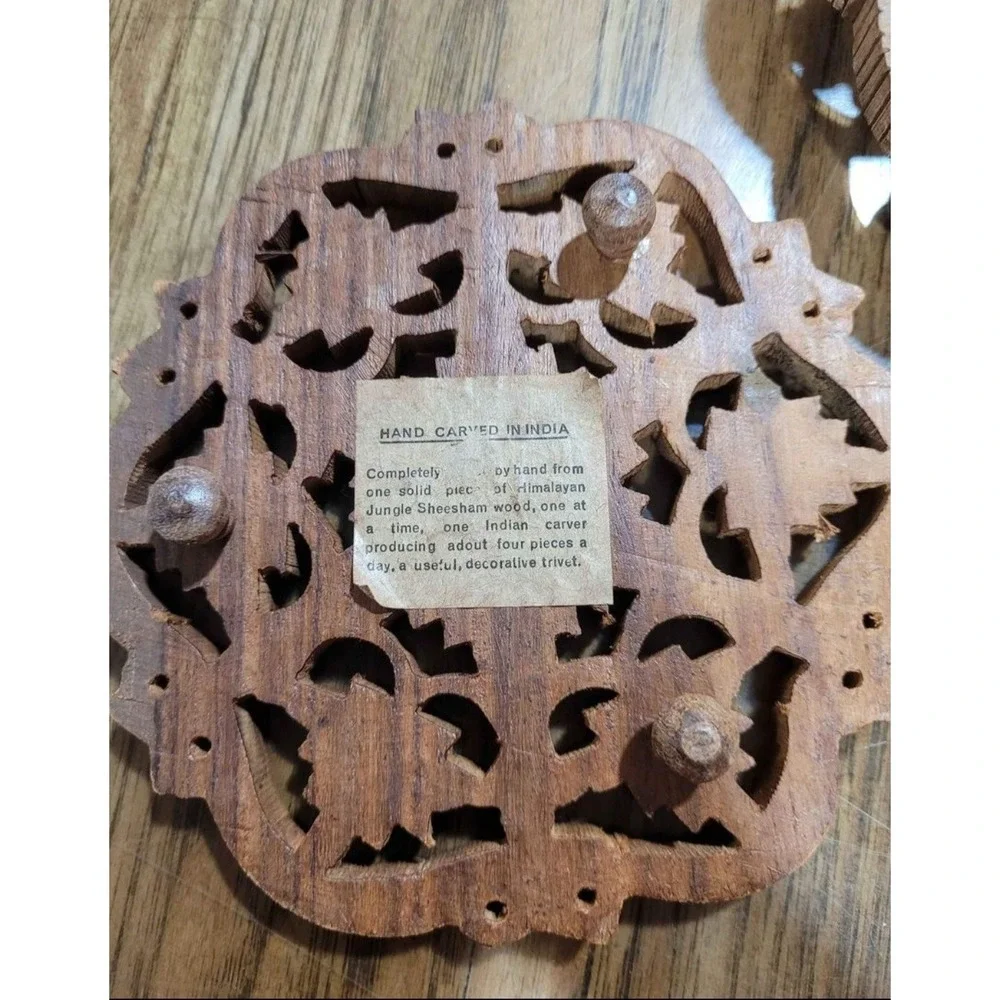 Vintage Teak Wood Hand Carved Trivets Made In India 6